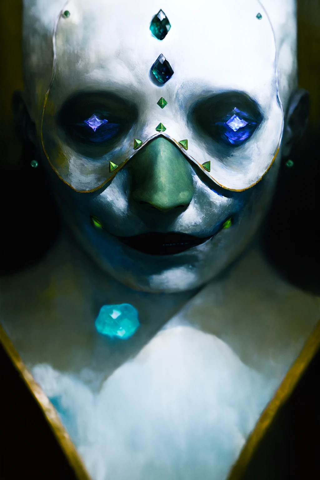 portrait, (dress studded with translucent glowing fluorite:1.2), masterpiece, best quality, oil painting \(medium\), dark, horror \(theme\), painting \(medium\), tkstyle <lora:tkstyle_2:1>