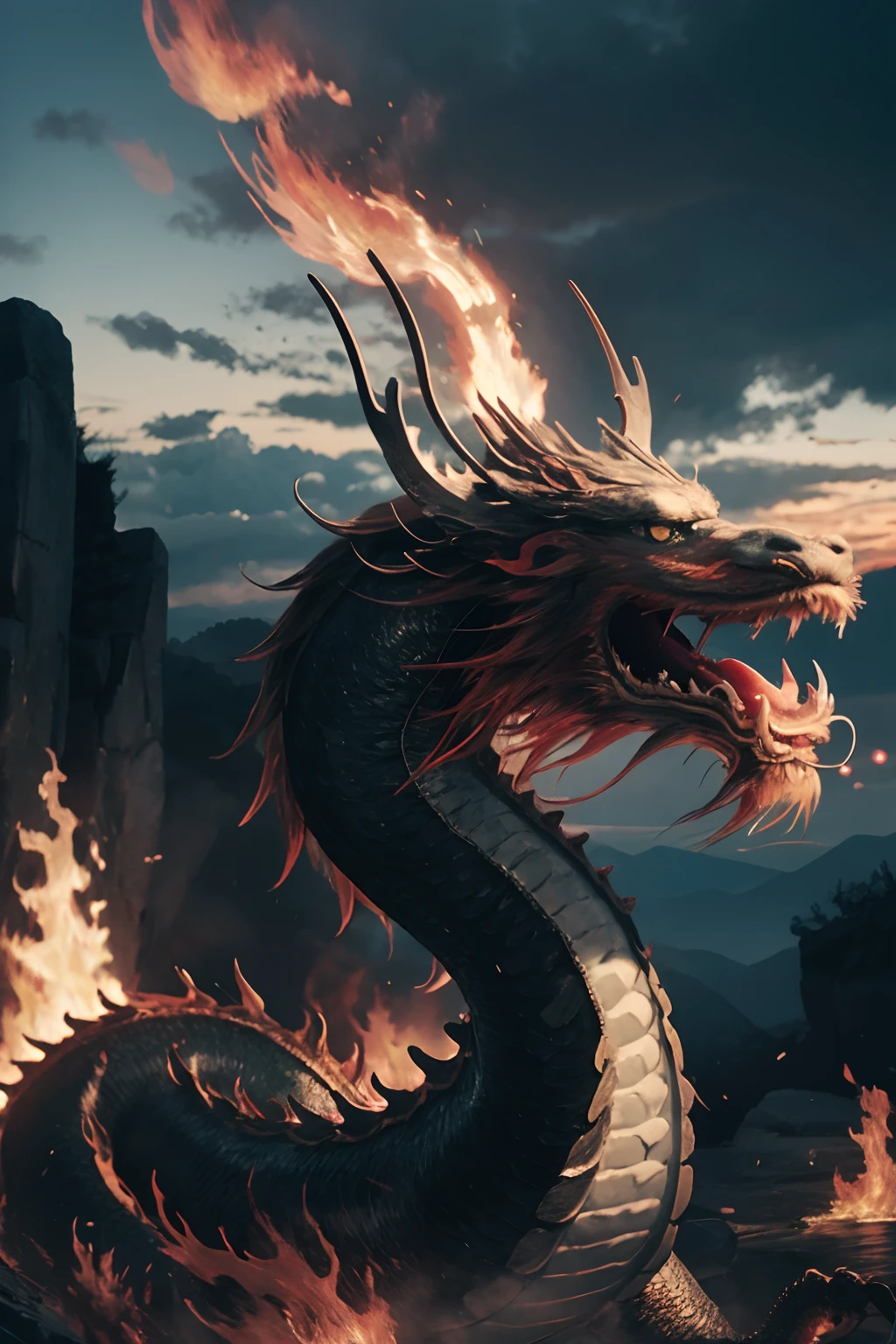 <lora:0219 loong_v1:1>,ruanyi0219,loong,no humans,outdoors,cloudy sky,claws,eastern dragon,long tail,whiskers,chinese new year,red theme,fire,cloud,(wide shot:1.2),fangs,
(Low Angle shooting, super wide lens:1.1),, best quality,masterpiece,highres,official art,extremely detailed cg unity 8k wallpaper