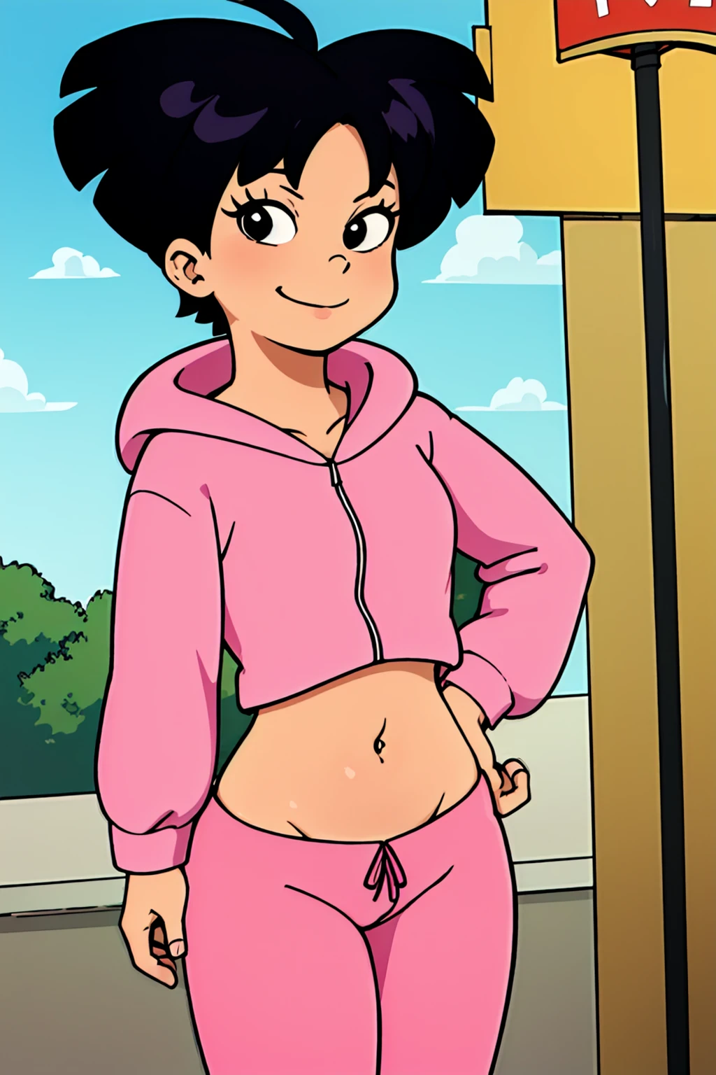 amywong, black hair, 1girl, solo, black eyes, pink hoodie, short hair, navel, pink pants, long sleeves,looking at viewer, smile, standing, best quality, high quality, masterpiece, absurdres, <lora:AmyWong:0.5>