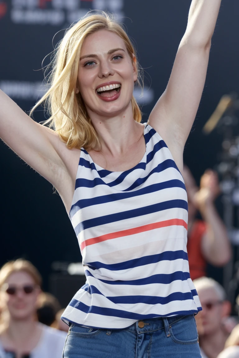 1girl, solo, portrait of a enthusiastic fan girl wearing striped top, at Glastonbury concert, sunny, raise up arms, grin, open mouth, female focus, photorealistic, soft colors, masterpiece, high quality, (high detailed skin:1.1) <lora:deborah_ann_woll_lora_v01:1> daw85, blonde hair