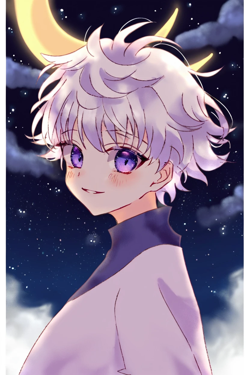 killua_zoldyck, 1boy, solo, looking at viewer, blush, smile, short hair, bangs, blue eyes, shirt, purple eyes, upper body, white hair, male focus, parted lips, sky, cloud, night, moon, star (sky), night sky, male child, crescent moon, score_9, rating_safe <lora:xl_char_killua_zoldyck:1>