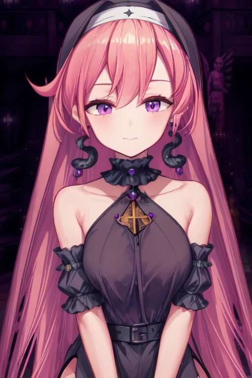 runie, 1girl, bangs, bare shoulders, black dress, black legwear, breasts, collarbone, crown, detached sleeves, dress, earrings,  garter straps, hair between eyes, jewelry, long hair, medium breasts, nail polish, pink hair, solo, thighhighs, very long hair,
1girl, bangs, cross earrings, ear piercing, earrings, face, hair between eyes, jewelry, long hair, piercing, pink hair, purple eyes, ((closed mouth, upper body, nun outfit:1.3))
<lora:add_detail:1.1>, <lora:hyperrefiner_v090:1.2>, <lora:runie-pc-v2:0.8>