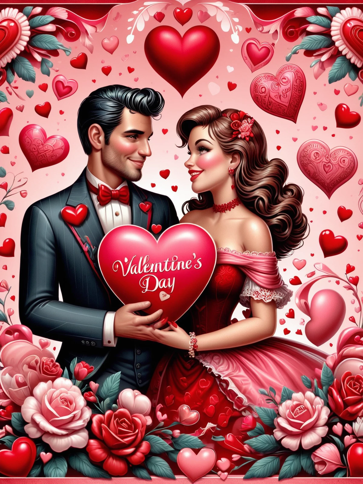 woman and man, text banner saying "Happy Valentine's Day"<lora:Kitschy_Cards_SDXL:1> mad-kitsch, (masterpiece:1.2), best quality, (hyperdetailed, highest detailed:1.2), high resolution textures