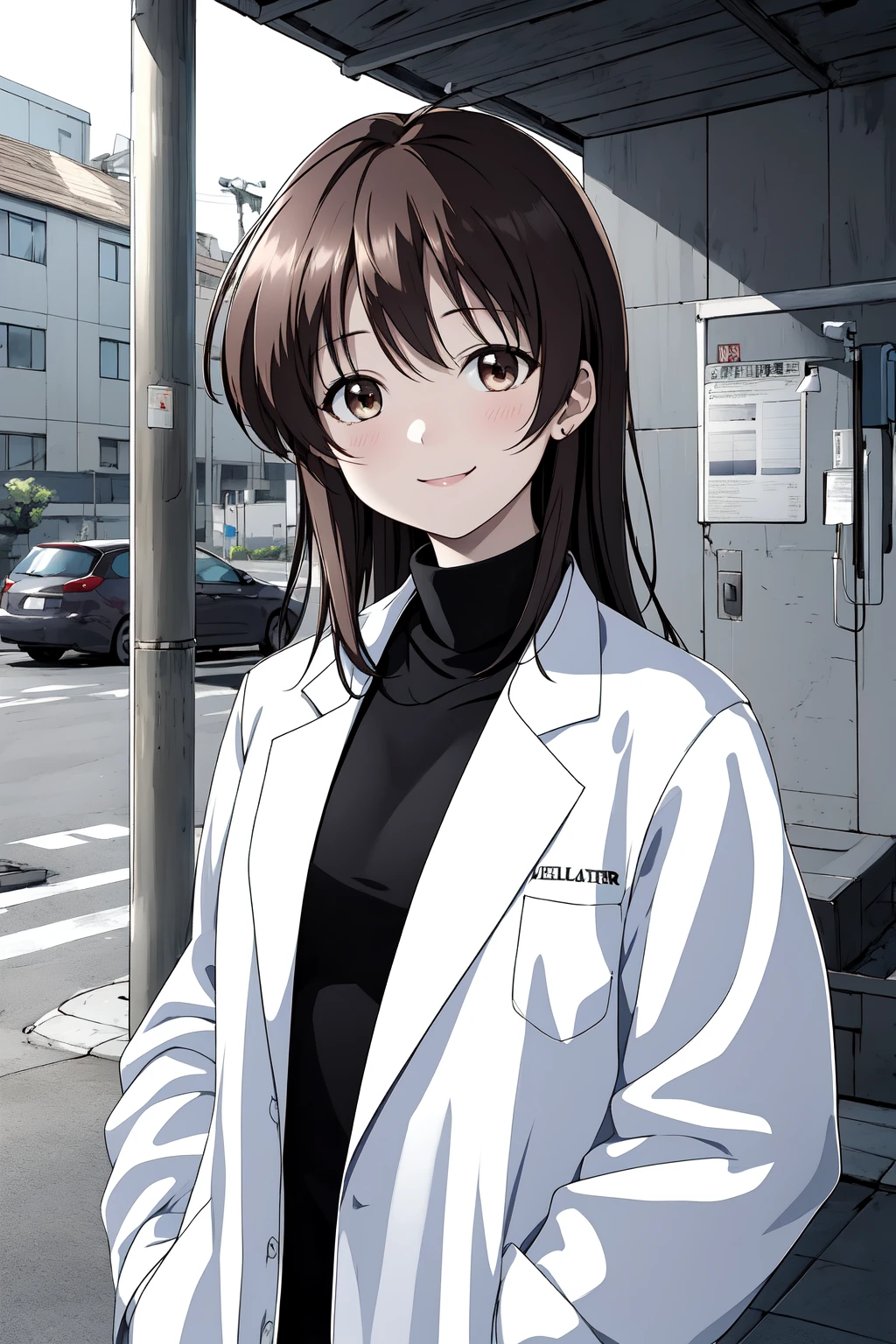 (RAW photo, best quality), 1girl, natural lighting, gentle smile,
<lora:loveletter_mizuho_v1_2-000006:1>, loveletter_mizuho, labcoat, turtleneck, upper body, outdoor, windy, hospital entrance, hands in pocket,