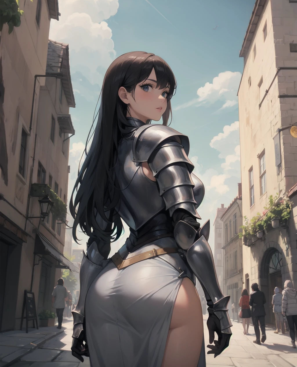 masterpiece,best quality,absurdres,girl,28yo,knight,medieval_armor,city_wall,from behind,viewer behind shoulder,