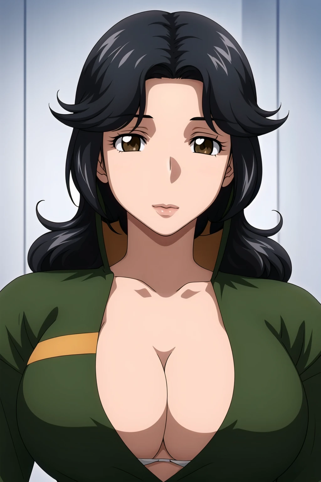 Simple White Background,
green jumpsuit, short sleeves, collarbone, cleavage, 
<lora:Reika_Saionji_MajesticPrince-KK77-V1:0.7>,
brown eyes, black hair,bangs,Long hair,
<lora:Oda_Non_Style-KK77-V2:0.3>,<lora:more_details:0.1>,
1 girl, 20yo,Young female,Beautiful long legs,Beautiful body,
Beautiful Nose,Beautiful character design, perfect eyes, perfect face,expressive eyes,perfect balance,
looking at viewer,(Focus on her face),closed mouth, (innocent_big_eyes:1.0),(Light_Smile:0.3),
official art,extremely detailed CG unity 8k wallpaper, perfect lighting,Colorful, Bright_Front_face_Lighting,White skin,
(masterpiece:1.0),(best_quality:1.0), ultra high res,4K,ultra-detailed,
photography, 8K, HDR, highres, absurdres:1.2, Kodak portra 400, film grain, blurry background, bokeh:1.2, lens flare, (vibrant_color:1.2),professional photograph,
(Beautiful,large_Breasts:1.4), (beautiful_face:1.5),(narrow_waist),