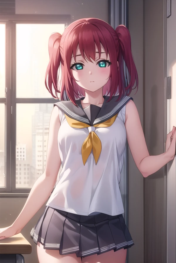 rubykurosawa, <lora:ruby kurosawa s2-lora-nochekaiser:1>,
ruby kurosawa, short hair, bangs, (green eyes:1.3), red hair, aqua eyes, two side up,
BREAK shirt, school uniform, white shirt, serafuku, neckerchief, uranohoshi school uniform, orange neckerchief, sleeveless, skirt, pleated skirt, grey skirt,
BREAK indoors, classroom,
BREAK looking at viewer, (cowboy shot:1.5),
BREAK <lyco:GoodHands-beta2:1>, (masterpiece:1.2), best quality, high resolution, unity 8k wallpaper, (illustration:0.8), (beautiful detailed eyes:1.6), extremely detailed face, perfect lighting, extremely detailed CG, (perfect hands, perfect anatomy),