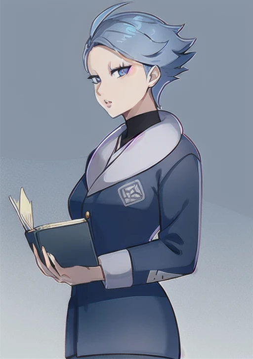 <lora:cyllene:0.9>, cyllene, 1girl, solo, looking at viewer, short hair, bangs, skirt, simple background, shirt, white background, holding, school uniform, blue hair, jacket, pantyhose, parted lips, grey eyes, book, black shirt, eyelashes, holding book, grey jacket