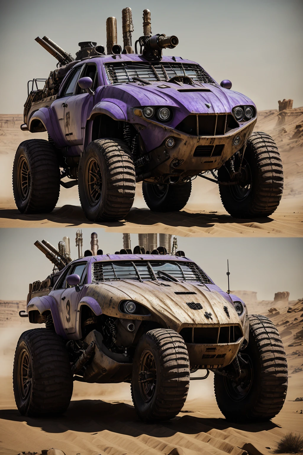 Purple car, simple background, steampunk, modified vehicles, doomsday fighting vehicles, weapons, sand and dust