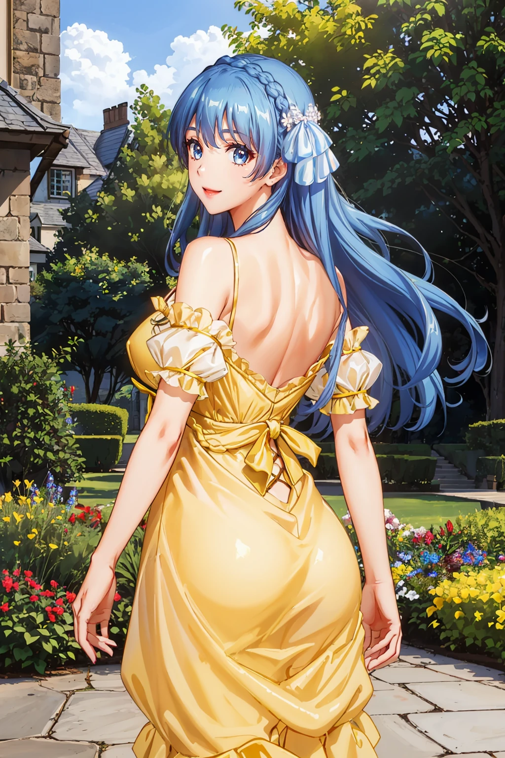 masterpiece, best quality, <lora:junadoma-nvwls-v1-000009:0.9> juna doma, crown braid, hair ornament, hair ribbon, (yellow sundress:1.4), from behind, large breasts, smile, <lora:edgChamYellowSundress:1> edgYSD,woman wearing a yellow sundress, garden, castle, blue sky, blue eyes