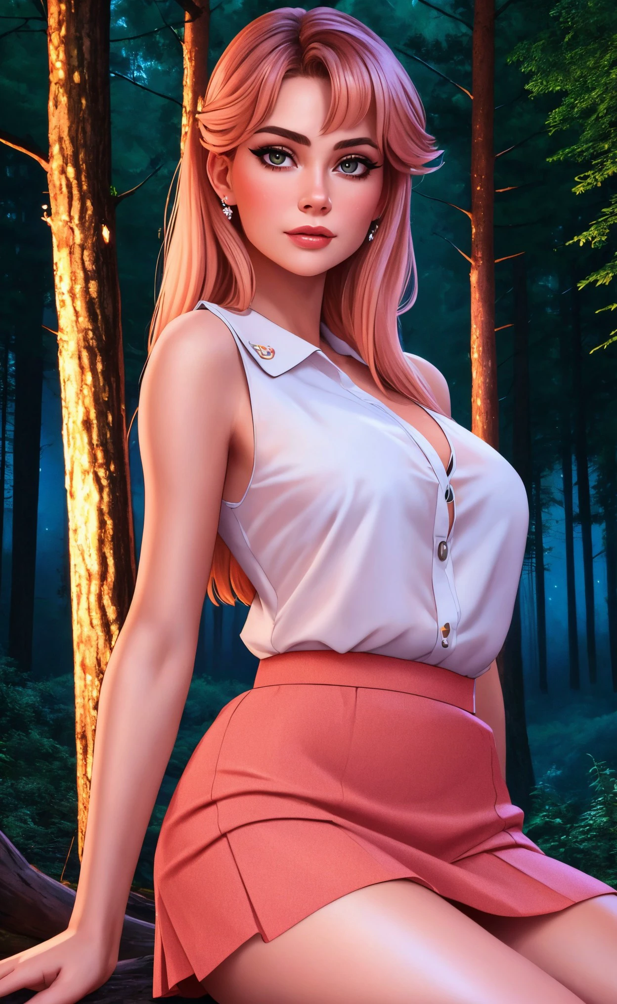 A beautiful blonde at a viewpoint in front of a vineyard. She has a wine glass with white wine in her hand. She is wearing a red dress.