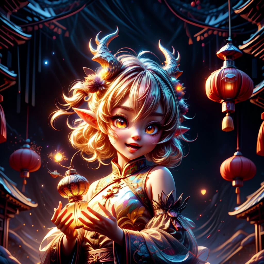 LunarChibiDragon,<lora:LunarChibiDragon:1>,masterpiece, (Best quality:1.2), highres, (scenary:1.2), Dynamic light, 1 cute girl,glowing lanterns,yellow hair,night, wearing cute traditional chinese gloves,cute, looking at viewer, cinematic lighting, dramatic angle, glowin yellow eyes, pointy ears, hair ornament, traditional red chinese long sleeved dress, bare shoulders, laces, AGGA_ST004, cute adorable face, ribbon,nice hands,detailed cute hands,lunar new year,happy facial emotion,open mouth,horns,dragon girl,backround fireworks scenery, <lora:add_detail:0.6> <lora:more_details:0.6> <lora:colorfix:0.6>