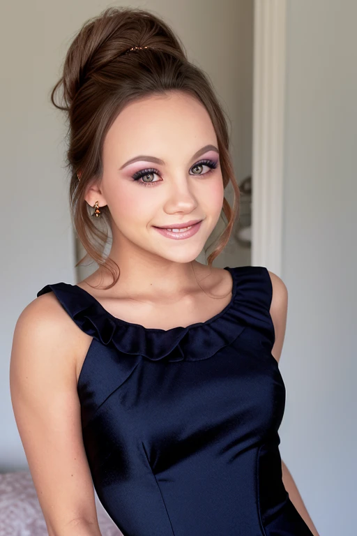 gauge_, a headshot photo of a woman wearing a dress, 1girl, solo, brown hair, looking at viewer, earrings, makeup, smile  <lora:gauge_v2.1:1>, realistic, BREAK, [highly-detailed], [ultra-detailed], [hyperdetailed], BREAK, ultra-realistic, photorealistic BREAK