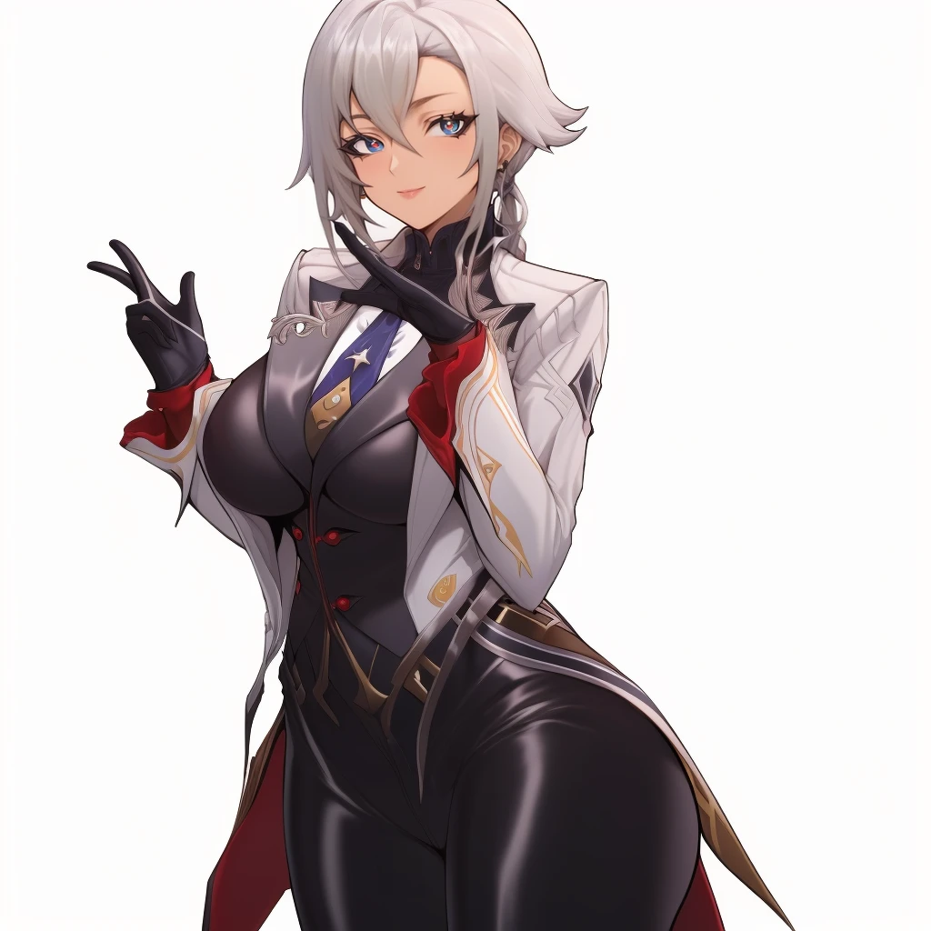 (masterpiece, best quality:1.3), Madbanana, 1girl, solo, looking at viewer, wide hips, mature female, white background, simple background, closed mouth, seductive smile, large breasts, cowboy shot, thick thighs, <lora:Madbanana Style Lora:.85>, arlecchino \(genshin impact\), black gloves, grey tailcoat, black pants, grey vest, grey shirt, high heels,  <lora:Char-Genshin-Arlecchino-V1:.8>