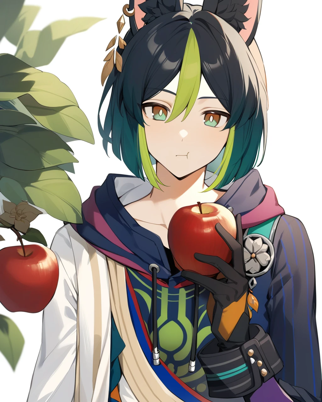 masterpiece,best quality,<lora:tighnariv2:1>,tighnari \(genshin impact\),1boy,male focus,solo,apple,white background,simple background,upper body,black gloves,hoodie,flower,closed mouth,holding fruit,eating,