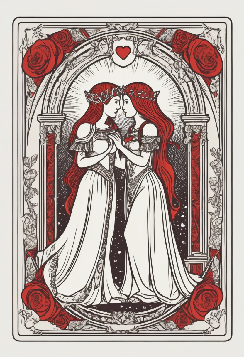 tarot card, the lovers, front perspective, flat, frame, square, white (outline:1.1)