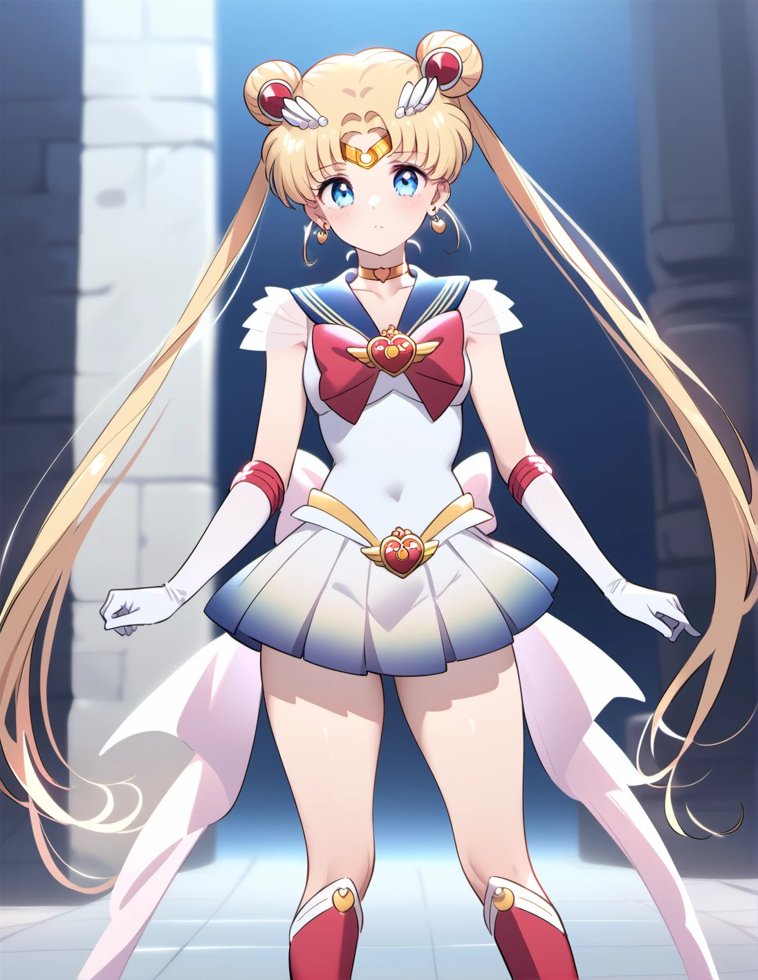best quality, ultra-detailed, ,1girl, solo,<lora:sdxl-supersailormoon-animagineXLV3-AdamW8bit-v1-16-1:1:lbw=1,0,0,0,0,0,0,0,1,1,0,0,0,0,1,0.85,1,0,1,1,0,0,0,0,0,0>, supersailormoon, double bun, twintails, circlet, earrings, choker, bow, gloves, miniskirt, standing, boots, , ,expressionless face,cute, kawaii,