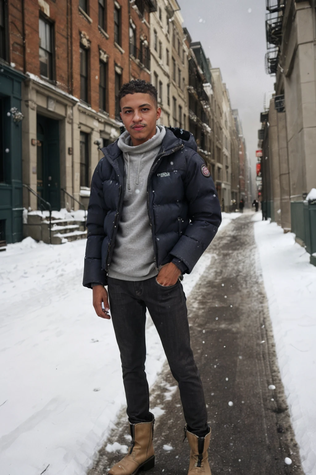 <lora:tiger_tyson_2-21:0.8> tgrtsn, relaxed confident expression, wearing a puffer jacket and dark jeans, wearing boots, winter snowstorm, soft diffused lighting, posing on a quiet Brooklyn street, Brownstone buildings in the background