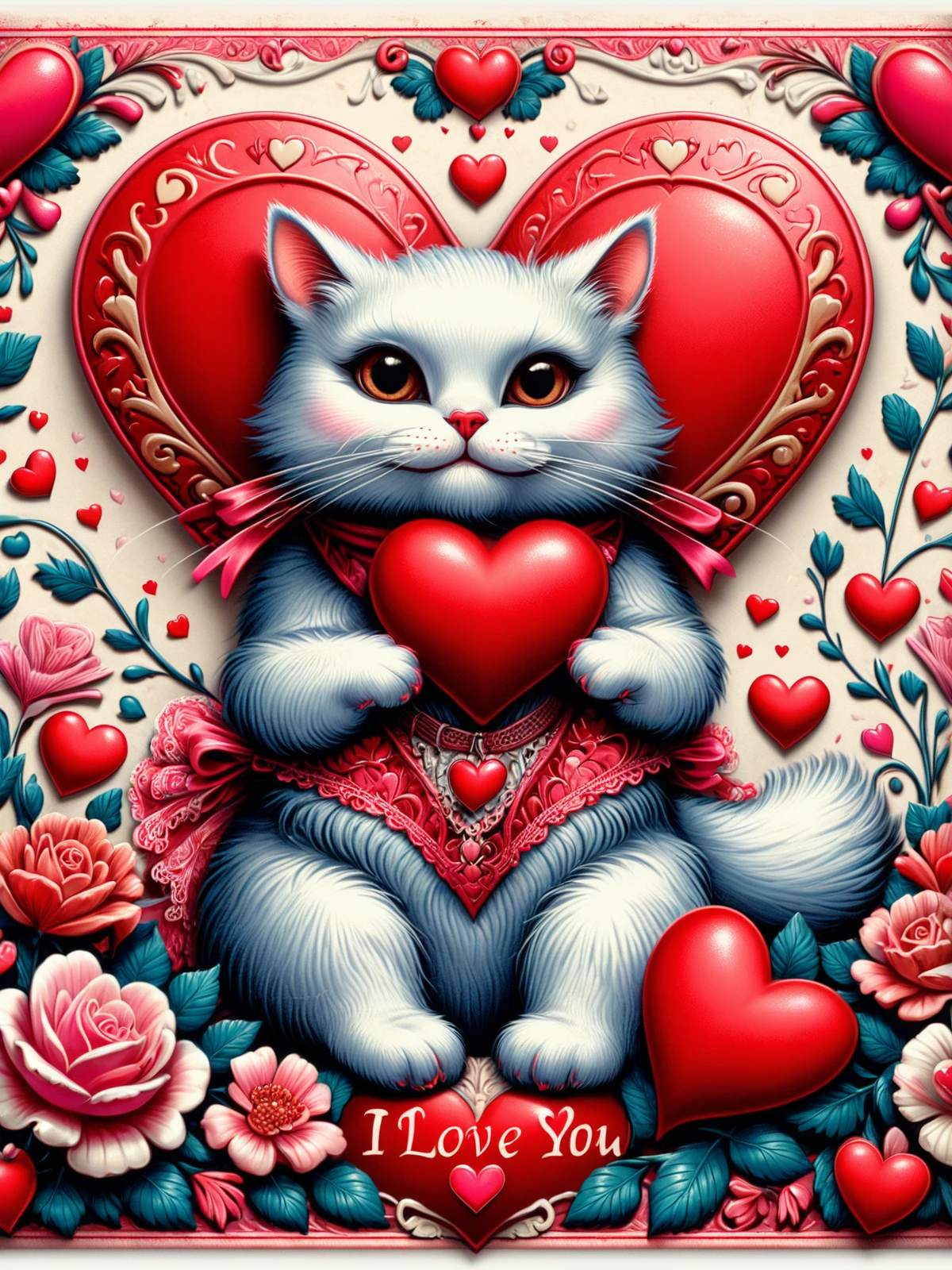 cat, text banner saying "I love you"<lora:Kitschy_Cards_SDXL:1> mad-kitsch, (masterpiece:1.2), best quality, (hyperdetailed, highest detailed:1.2), high resolution textures