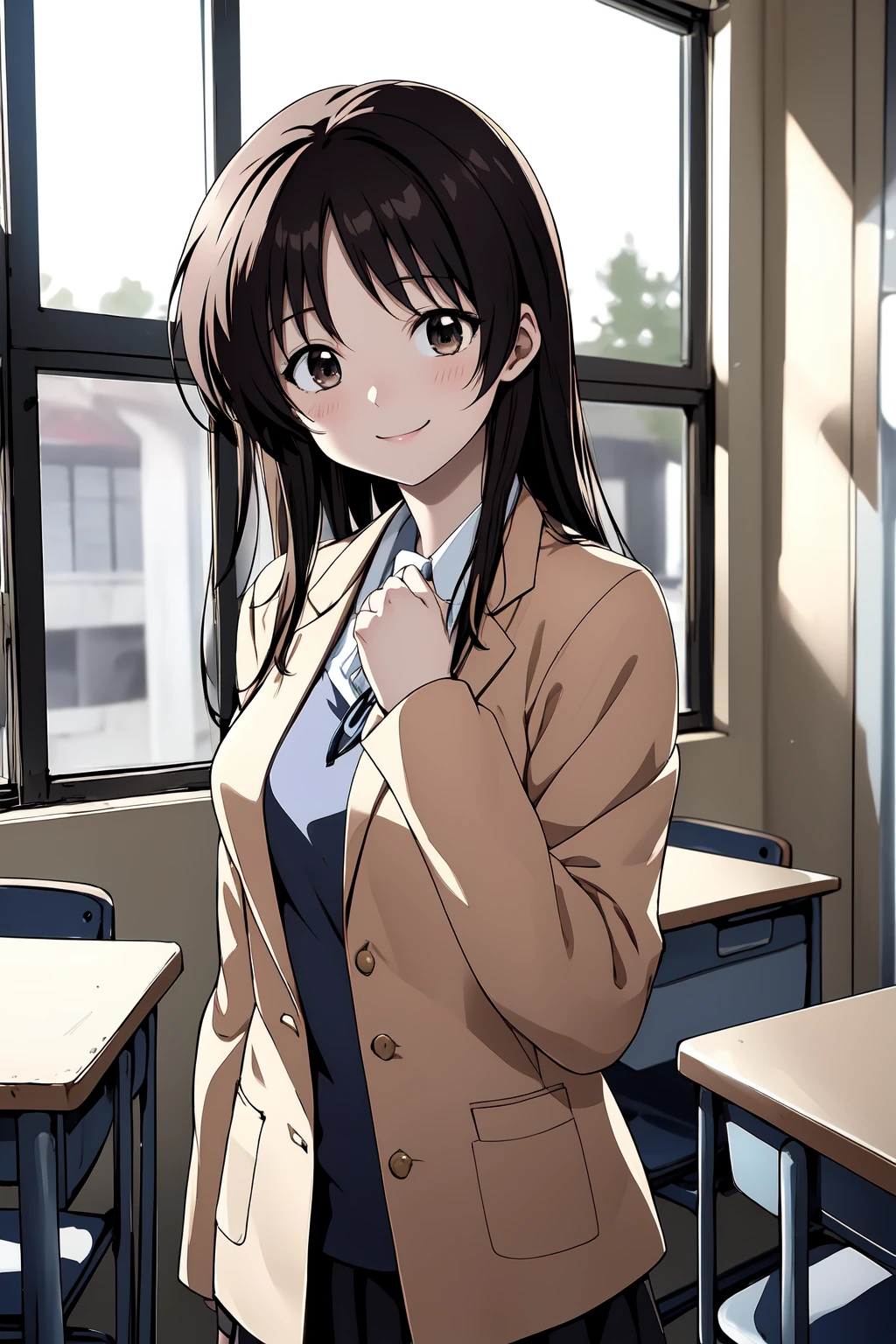 (RAW photo, best quality), 1girl,  natural lighting, gentle smile, 
 <lora:loveletter_mizuho_v1_2-000006:1>, loveletter_mizuho, 
school, classroom, ribbon, blazer, standing, cowboy shot,