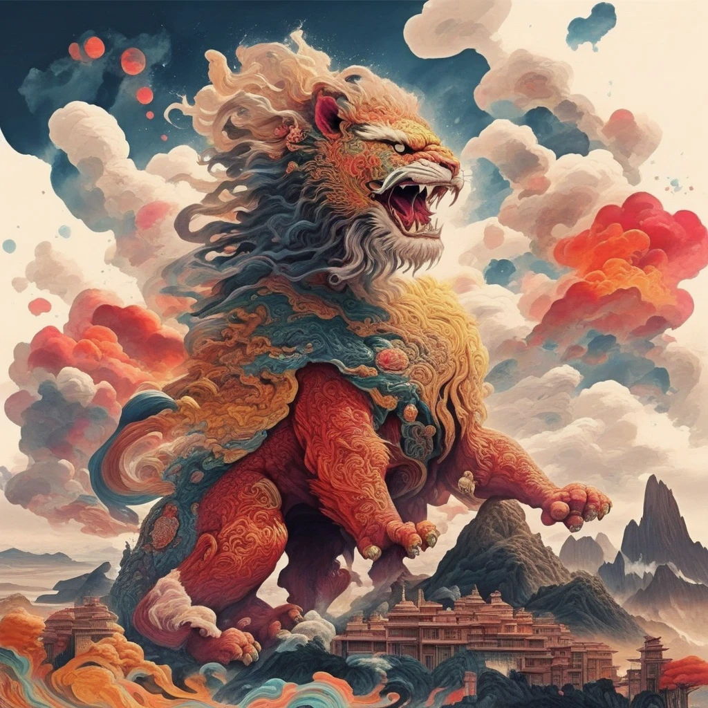 an image of a black and yellow, red dance lion ,colorful cloud around the lion, on the mountain, trees, buildings, SF_Carton style,carton, four legs<lora:0208_sprint_festival-checkpoint-8000:1>