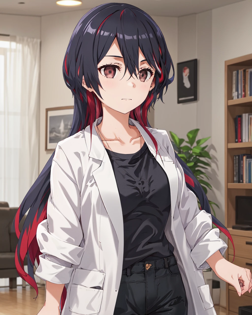 <lora:Karasuma_Kumiko-1024:0.8>,1girl, solo, long hair,shirt, black hair,brown eyes, hair between eyes, red hair,streaked hair, open clothes, pants,black shirt, white coat,
