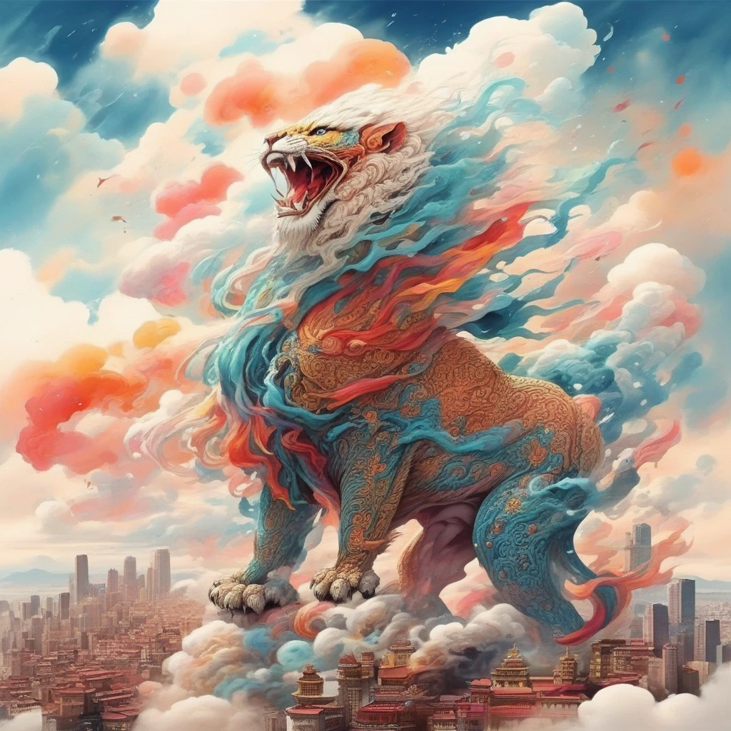 an image of a colorful dance lion ,colorful cloud around the lion, on the mountain, trees, buildings, SF_Carton style,carton, four legs<lora:0208_sprint_festival-checkpoint-8000:1>