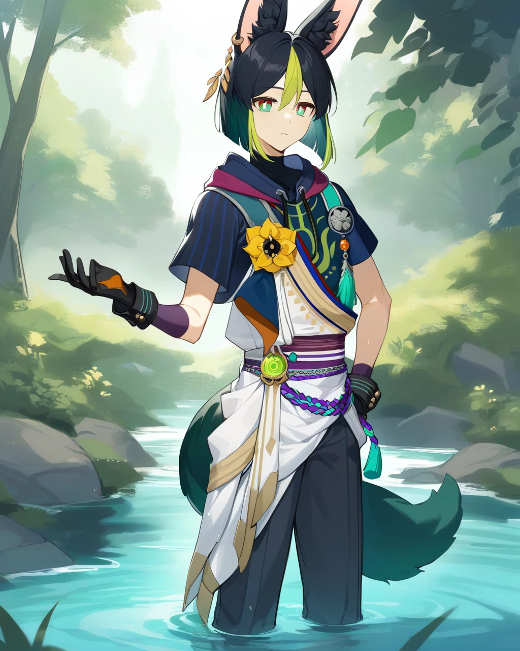 masterpiece,best quality,<lora:tighnariv2:1>,tighnari \(genshin impact\), 1boy, male focus, solo, black gloves, blunt ends, medal, hoodie, vision \(genshin impact\), hood down, tassel, asymmetrical sleeves, yellow flower, black shirt, short sleeves, water, parted lips, outdoors, sidelocks, pants, closed mouth, two-tone hair, turtleneck, wrist cuffs, wading, nature, tree, hand up, long sleeves, standing, green tail
