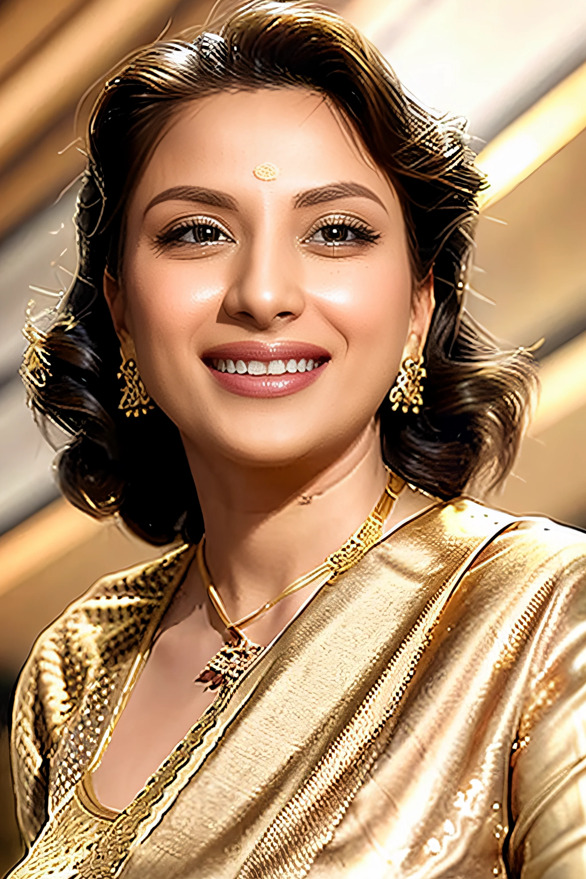 photo of nrgs woman, wearing  elegant Gold sari and blouse,  dynamic pose, looking at camera, smiling, accurate anatomy, simple background <lora:nrgs_Nargis_Dutt_SD15_LoRA_prodigy_local_regs:1>