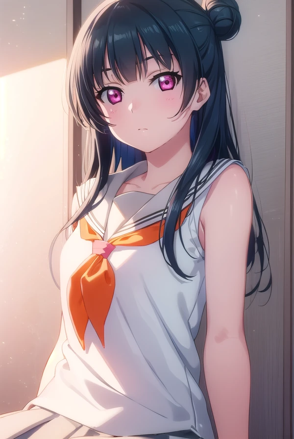 yoshikotsushima, <lora:yoshiko tsushima s2-lora-nochekaiser:1>,
yoshiko tsushima, long hair, bangs, blue hair, (pink eyes:1.3), hair bun, single hair bun, single side bun,
BREAK shirt, school uniform, white shirt, serafuku, neckerchief, uranohoshi school uniform, (orange neckerchief:1.3), sleeveless, skirt, pleated skirt, grey skirt,
BREAK indoors, classroom,
BREAK looking at viewer, (cowboy shot:1.5),
BREAK <lyco:GoodHands-beta2:1>, (masterpiece:1.2), best quality, high resolution, unity 8k wallpaper, (illustration:0.8), (beautiful detailed eyes:1.6), extremely detailed face, perfect lighting, extremely detailed CG, (perfect hands, perfect anatomy),