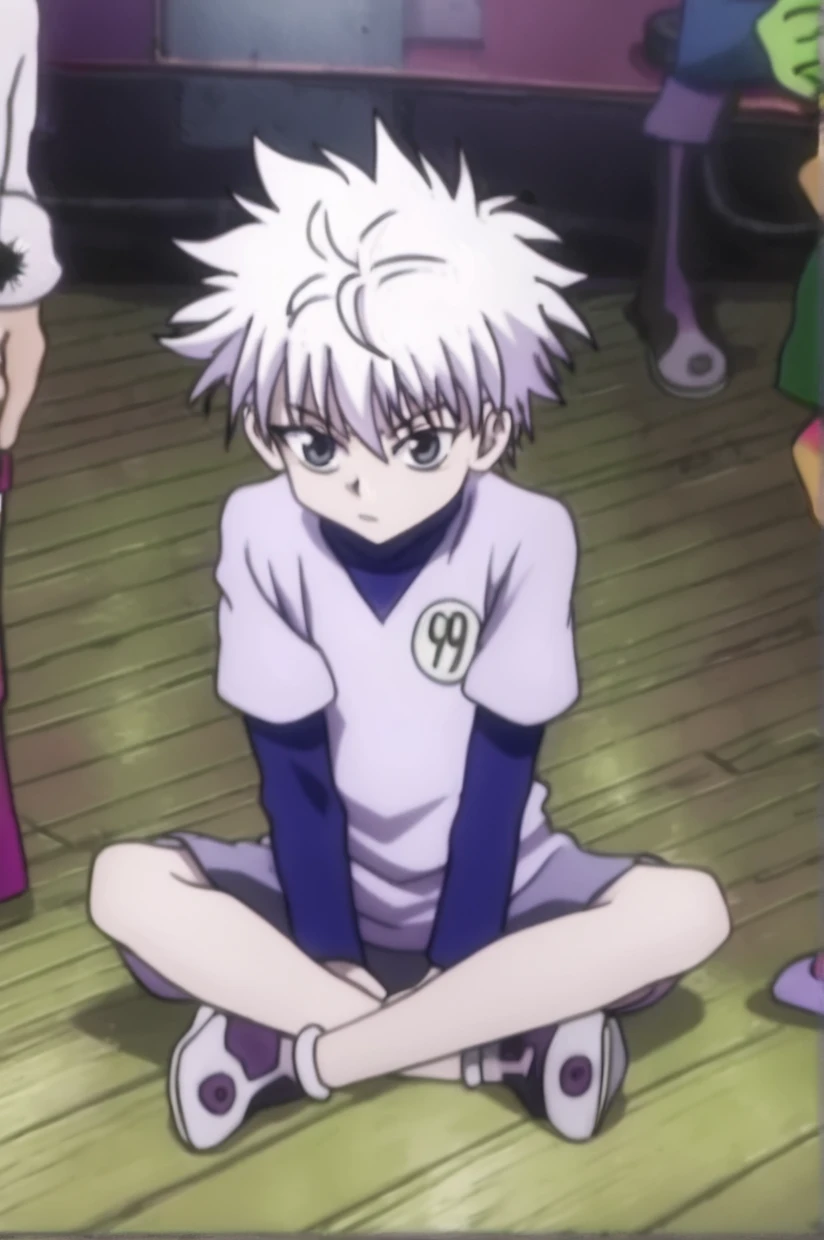 killua_zoldyck, 1boy, solo, looking at viewer, short hair, bangs, shirt, long sleeves, sitting, full body, white hair, short sleeves, male focus, shoes, shorts, spiked hair, male child, layered sleeves, short over long sleeves, score_7_up, hxhanime <lora:xl_char_killua_zoldyck:1.0>