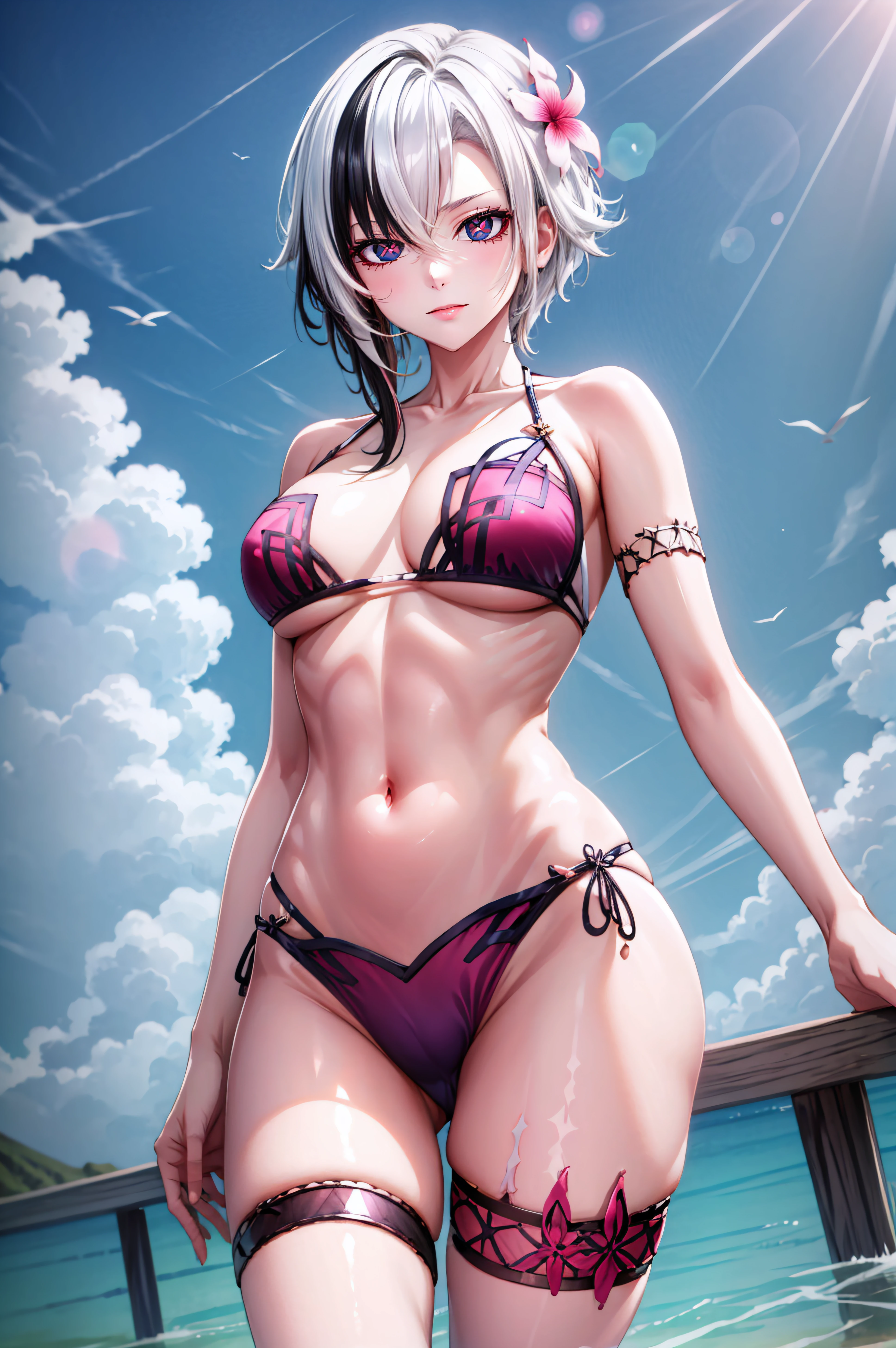 (masterpiece, best quality), <lora:arlecchino-lora-Faxtron:0.8> arlecchino, black eyes, x-shaped pupils, short hair, bangs,white hair, black hair, multicolored hair, two-tone hair, streaked hair, hair between eyes, <lora:ScathachPinkBikini:0.8> pink bikini, hair flower, thigh strap, 
<lora:add_detail:0.8>,
