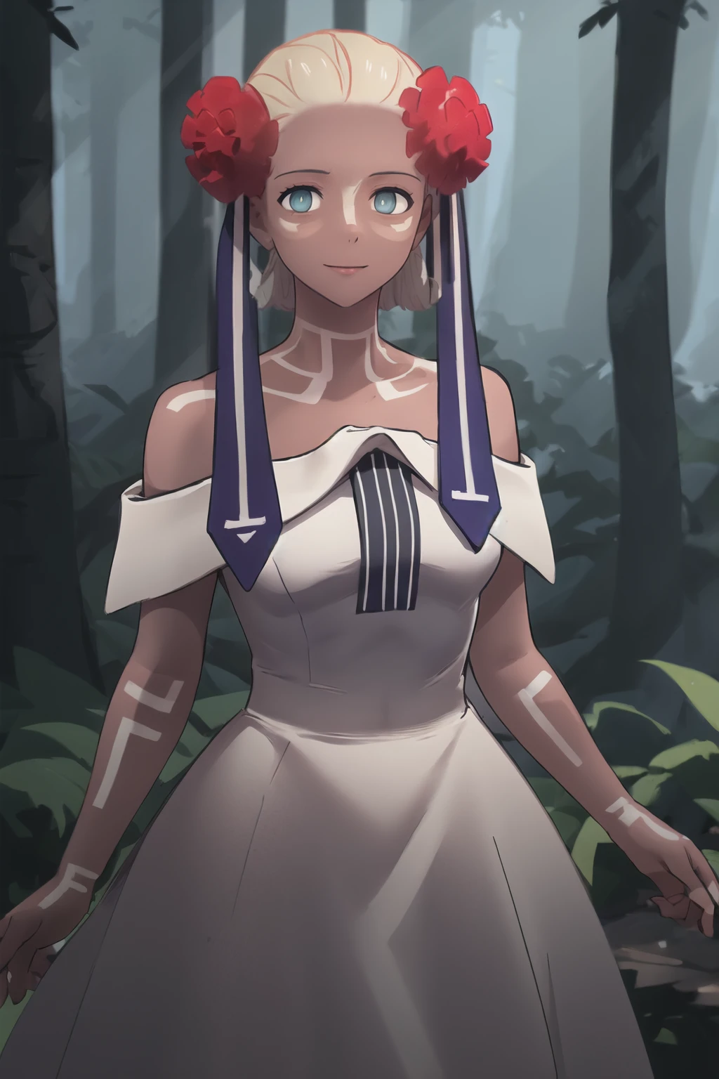 (best quality), outdoors, forest, upper body, 1girl, solo, HaruSW, dark-skinned female, aqua eyes, <lora:HaruSWVisions_V1-Manityro-dadpt:1.0>, toned, smile, looking at viewer, standing, HMain, facial mark, hair flower, hair ribbon, short hair, white dress, strapless, off shoulder, bare shoulders, sleeveless, white sash, vertical-striped dress, bodypaint