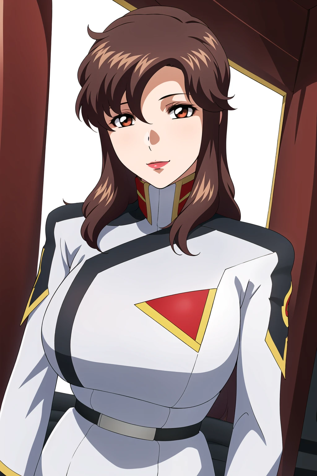 Simple White Background,
military, military uniform,long sleeves,white and black outfit with a red and yellow collar
<lora:Murrue_Ramius_SeedFreedom-KK77-V1:0.7>,
brown eyes, Brown hair,bangs,Long hair,makeup,red lips,
<lora:Oda_Non_Style-KK77-V2:0.3>,<lora:more_details:0.1>,
1 girl, 20yo,Young female,Beautiful long legs,Beautiful body,
Beautiful Nose,Beautiful character design, perfect eyes, perfect face,expressive eyes,perfect balance,
looking at viewer,(Focus on her face),closed mouth, (innocent_big_eyes:1.0),(Light_Smile:0.3),
official art,extremely detailed CG unity 8k wallpaper, perfect lighting,Colorful, Bright_Front_face_Lighting,White skin,
(masterpiece:1.0),(best_quality:1.0), ultra high res,4K,ultra-detailed,
photography, 8K, HDR, highres, absurdres:1.2, Kodak portra 400, film grain, blurry background, bokeh:1.2, lens flare, (vibrant_color:1.2),professional photograph,
(Beautiful,large_Breasts:1.4), (beautiful_face:1.5),(narrow_waist),