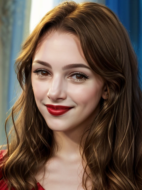 gquality, <lora:thelma-10:1> thelma, 1girl, solo, looking at viewer, smile, simple background, portrait, realistic, makeup, lipstick, red lips
