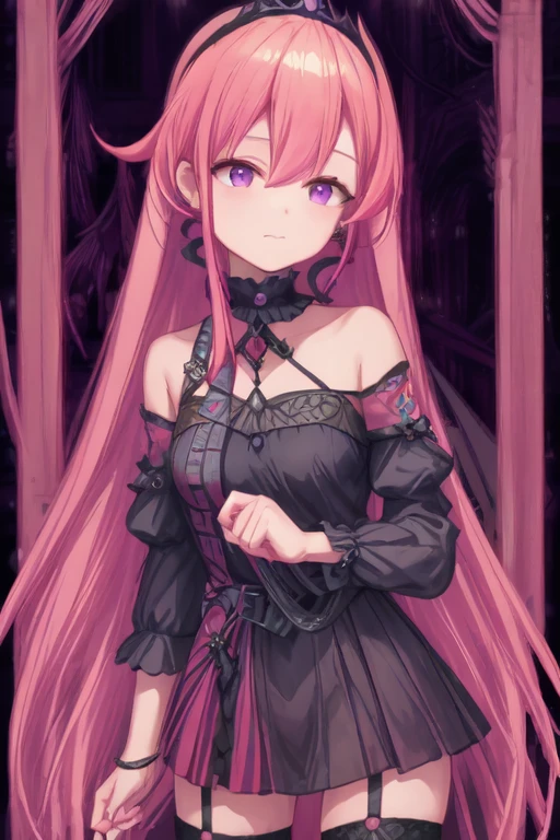 runie, 1girl, bangs, bare shoulders, black dress, black legwear, breasts, collarbone, crown, detached sleeves, dress, earrings,  garter straps, hair between eyes, jewelry, long hair, medium breasts, nail polish, pink hair, solo, thighhighs, very long hair,
1girl, bangs, cross earrings, ear piercing, earrings, face, hair between eyes, jewelry, long hair, piercing, pink hair, purple eyes, ((closed mouth, upper body, tshirt:1.3))
<lora:add_detail:1.1>, <lora:hyperrefiner_v090:1.2>, <lora:runie-pc-v2:0.8>