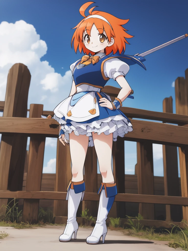 <lora:Tsurugino_Mai_SFCver:0.8>TsuruginoMaiSFCVer, 1girl, solo, boots, orange hair, armor, ahoge, sword, brown eyes, smile, under body, weapon, knee boots, skirt, short hair, high heels, hairband, hand on hip, dress, armored dress, sky, school_gate,
masterpiece, high quality, very_high_resolution, large_filesize, full color,