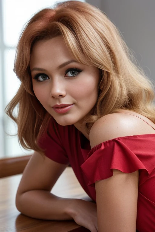 FraAngTTXV1E,
a smiling woman sitting on a table with a red shirt on and a red shirt on her shoulder, (lightly open mouth:1.2),
(professional photo shooting), (high buget photo), (extremely detailed skin), (flawless skin), (model pose), (highly detailed facial features),
(natural light), (high quality photography), (intricate details), (8k), (HDR), (sharp focus), (medium view)