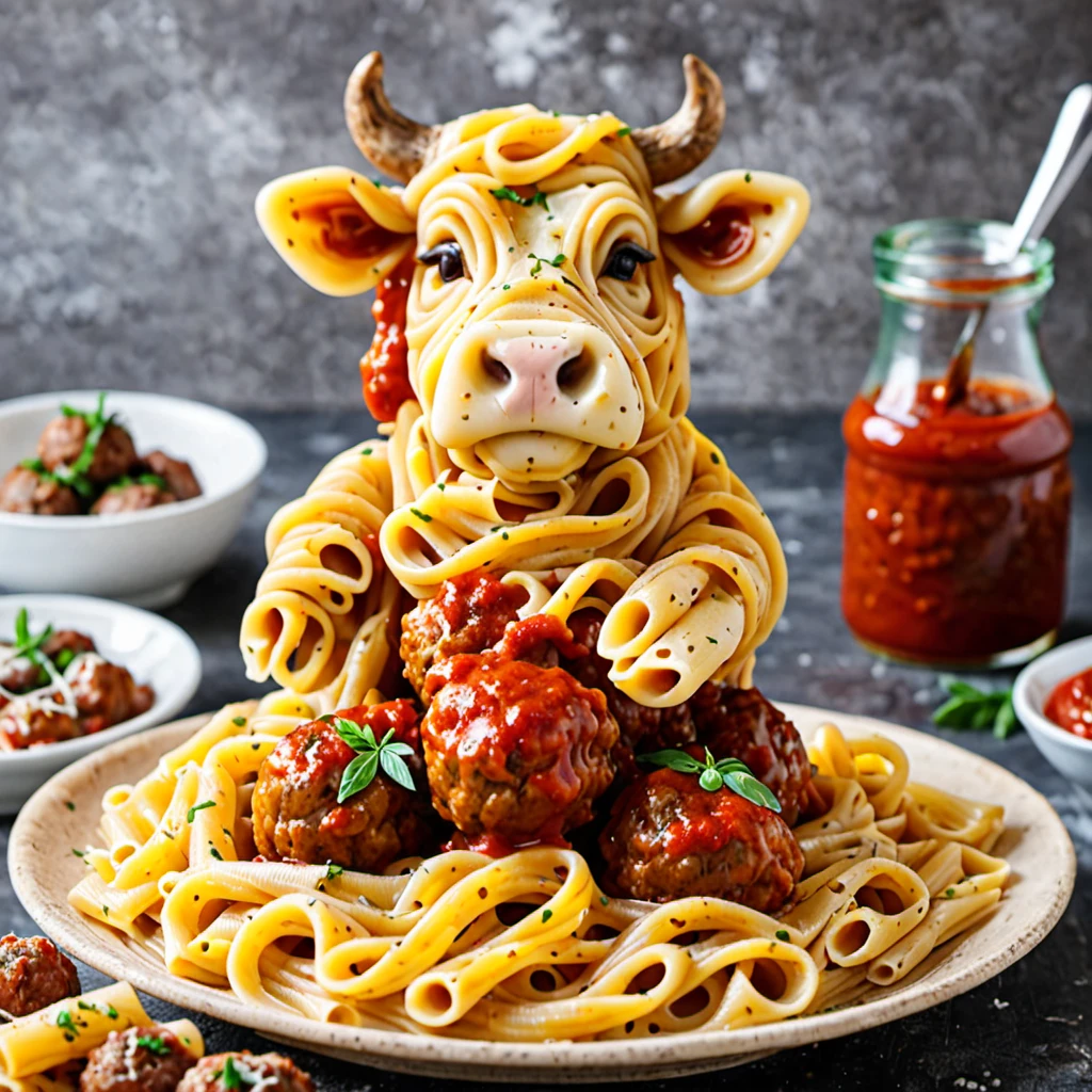 cow made of pasta, sauce, meatballs, standing, <lora:MMM_Pasta:0.8>