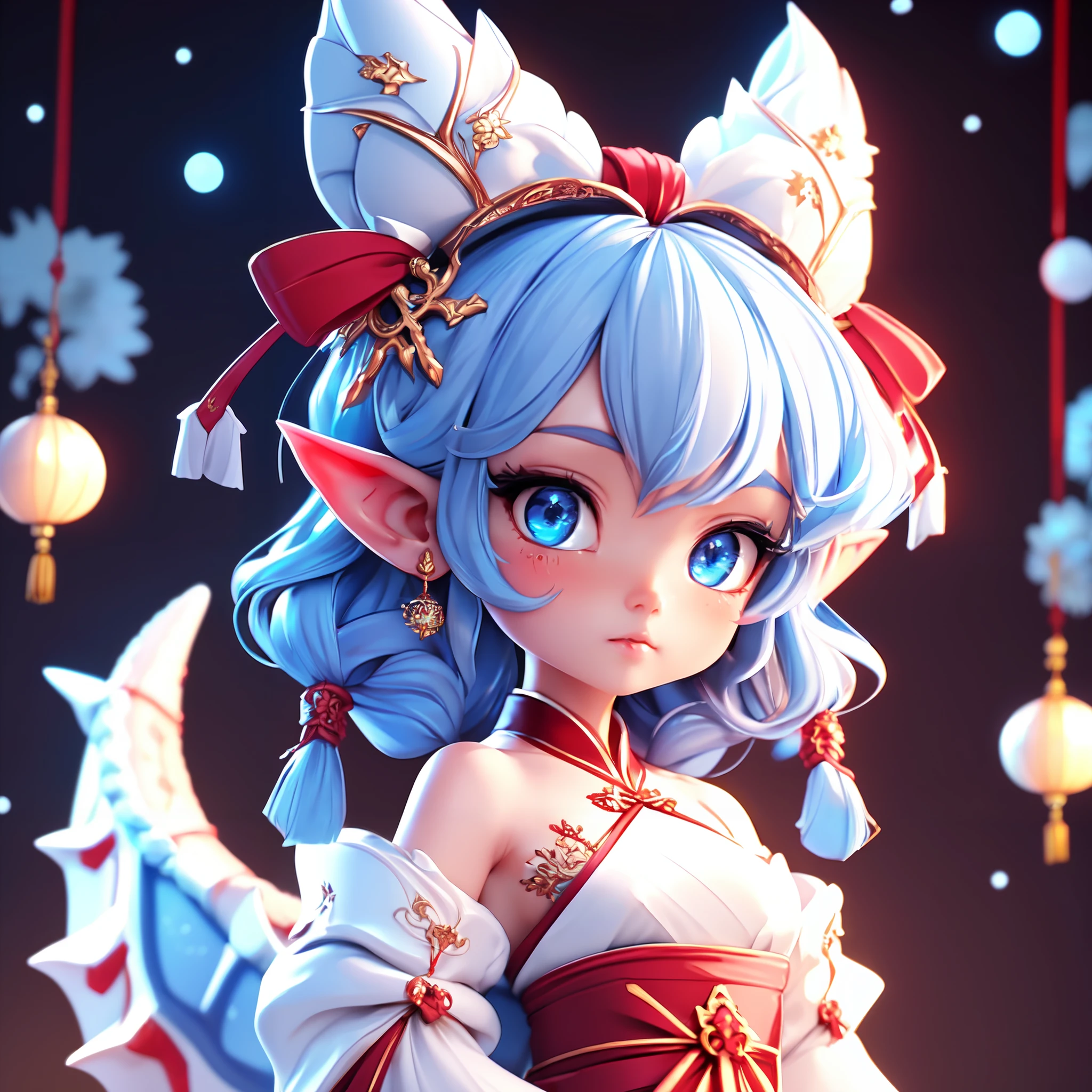 LunarChibiDragon,<lora:LunarChibiDragon:1>,masterpiece, (Best quality:1.2), highres, (scenary:1.2), Dynamic light, 1 cute girl,glowing lanterns,,night. cute, looking at viewer, cinematic lighting, dramatic angle, blue eyes, pointy ears, hair ornament, traditional red chinese dress, bare shoulders, laces, AGGA_ST004, cute adorable face, ribbon,nice hands,detailed cute hands,lunar new year,happy facial emotion,open mouth,horns,dragon girl