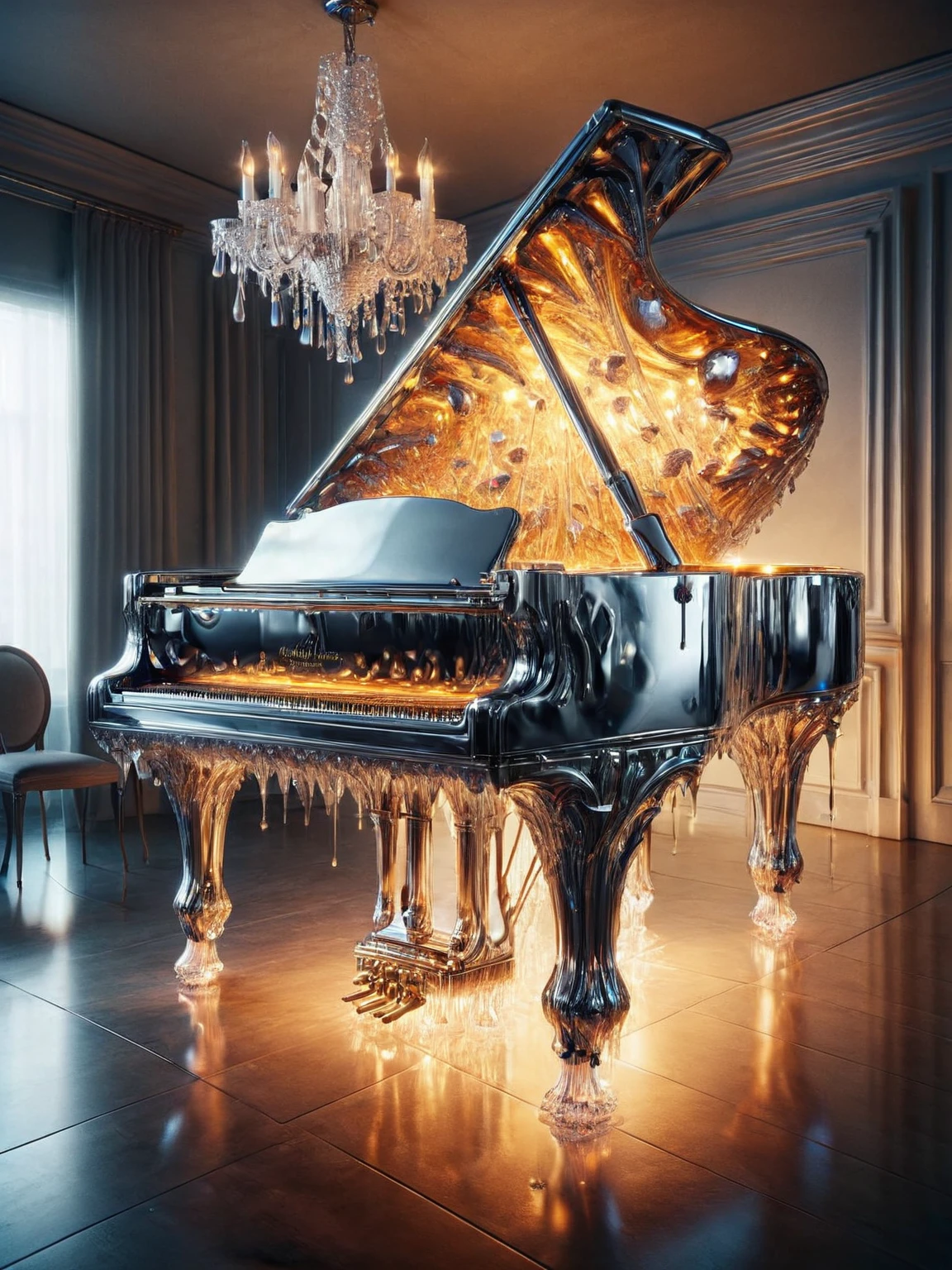 ais-moltenz grand piano resting beneath a crystal chandelier <lora:Molten_Metal_SDXL:1>