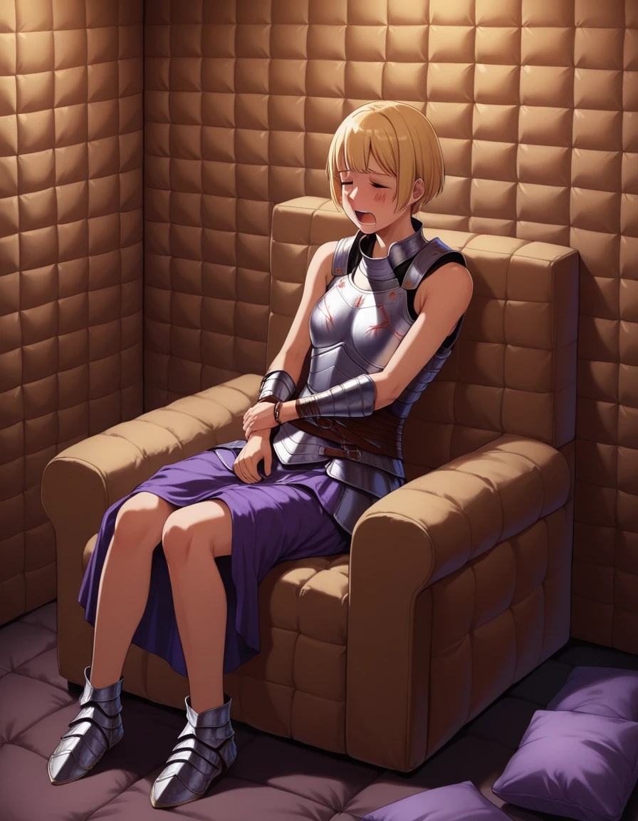 1girl,ameliamaid.sitting,Very short hair,blonde hair,armor,sleeveless,dress,bracelet,jewelry,in pain,on overstuffed armchair,cushions,crying,in padded room,padded walls, <lora:AmeliaMaidXL:0.9>