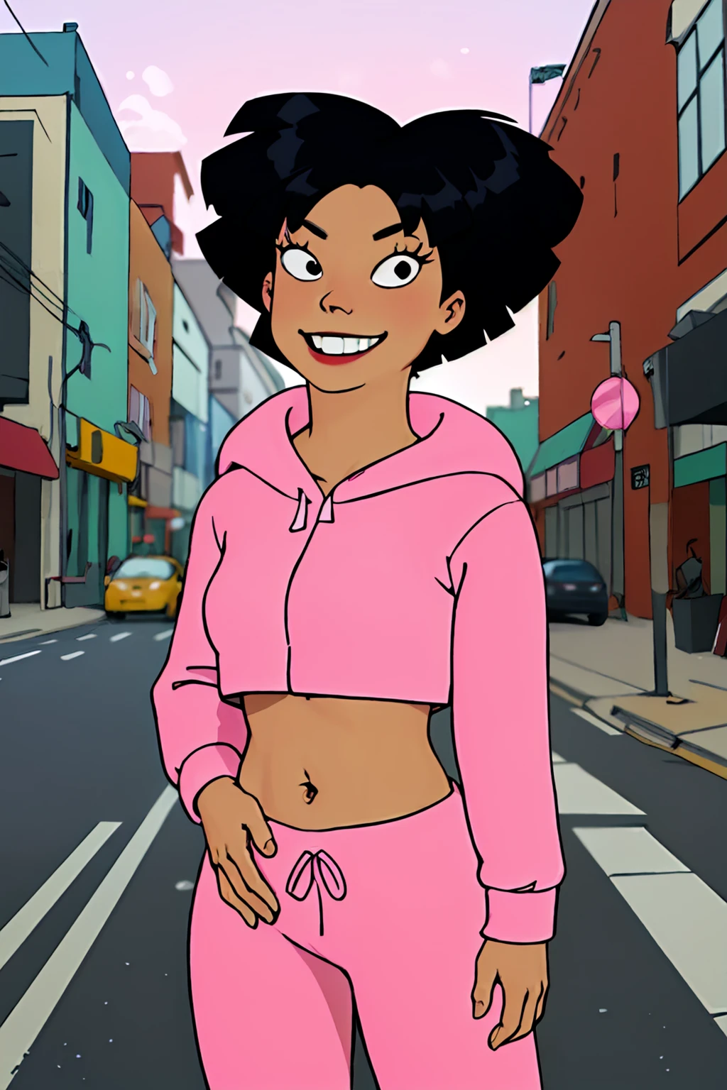 amywong, black hair, 1girl, solo, black eyes, pink hoodie, short hair, navel, pink pants, long sleeves,looking at viewer, smile, standing, best quality, high quality, masterpiece, absurdres, <lora:AmyWong:0.65>
