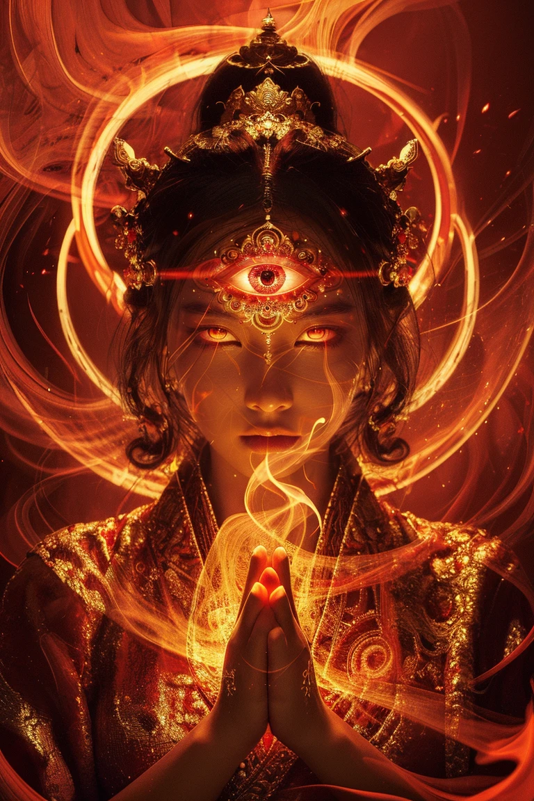 ((masterpiece)), ((best quality)), 8k, high detailed, ultra-detailed, 1girl, fayan eyes, third eye, glowing eyes, golden, fire, smoke, casting spell, jewelry, head ornament, cyberpunk, own hands together, Buddhist mantra, double exposure, vision, swirl, high definition, abstract, surreal, otherwordly, holy, <lora:fayan2:0.7>