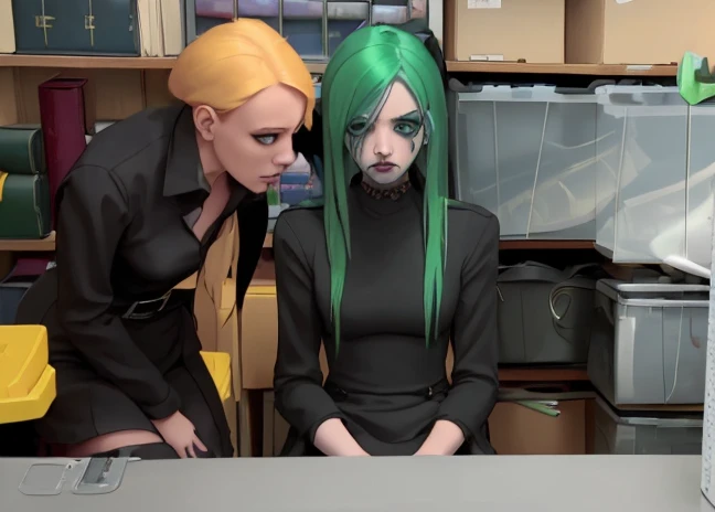 <lora:shoplifter_interrogation-10:1> shoplifter_interrogation, lesbian with green hair, black dress, loud makeup