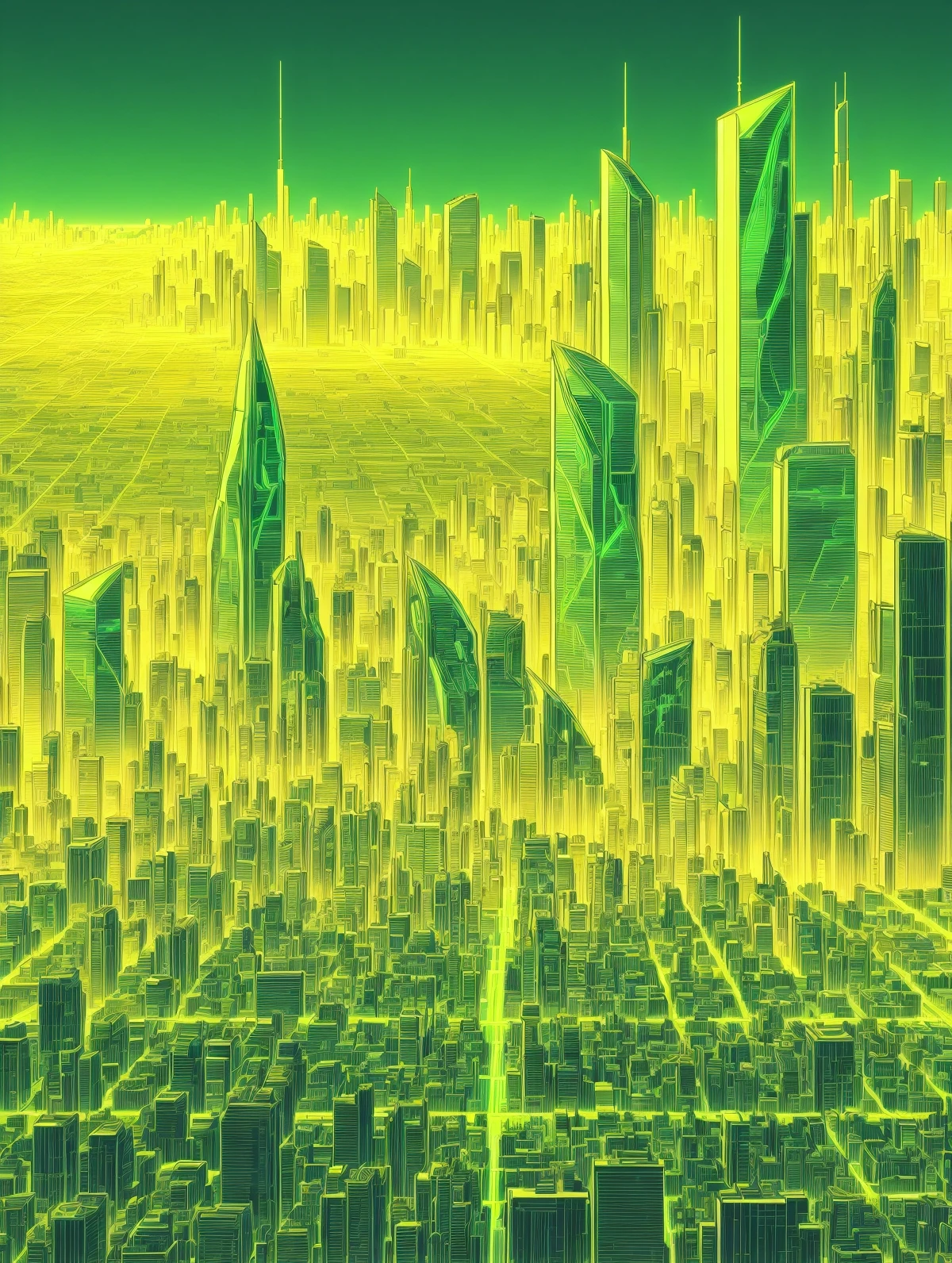 city skyline, emerald glowing outlines, green coloring, grid, cyberpunk, 1980s, retro, scifi , mad-cyberspace<lora:Neon_Cyberpunk_Cyberspace_SD1.5:1>, (masterpiece:1.2), best quality, (hyperdetailed, highest detailed:1.2), high resolution textures