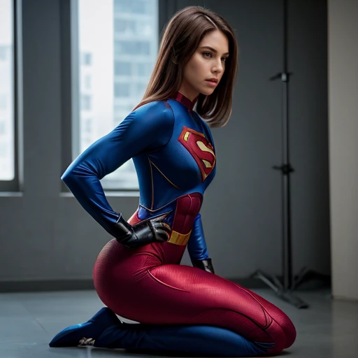 cinematic film still A photo of woman, sfw, slender, detailed body, kneeling, subneel, (((knees apart))), ((superhero costume)), spandex, from the side, full body, breast, ((plain background)), <lora:Subneel:0.8>   . shallow depth of field, vignette, highly detailed, high budget, bokeh, cinemascope, moody, epic, gorgeous, film grain, grainy