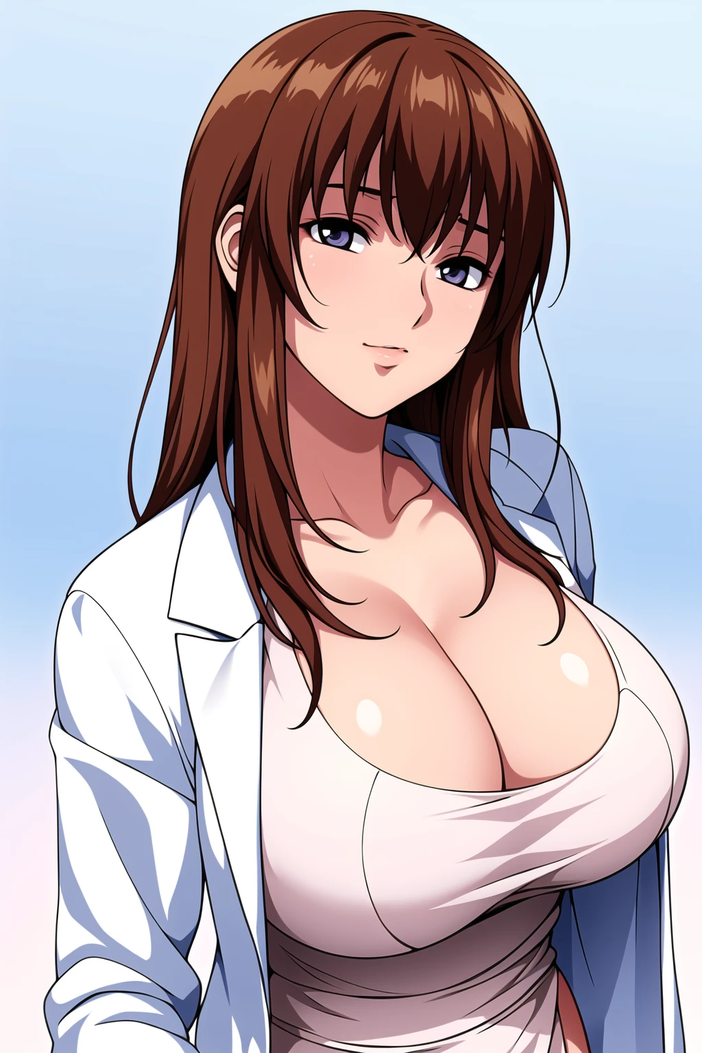 Simple White Background,
White jacket,white shirt ,long sleeves,
<lora:Via_Hibiki_GundamSeed-KK77-V1:0.7>,doctor,
blue eyes, Brown hair,bangs,Long hair,
<lora:Oda_Non_Style-KK77-V2:0.3>,<lora:more_details:0.1>,
1 girl, 20yo,Young female,Beautiful long legs,Beautiful body,
Beautiful Nose,Beautiful character design, perfect eyes, perfect face,expressive eyes,perfect balance,
looking at viewer,(Focus on her face),closed mouth, (innocent_big_eyes:1.0),(Light_Smile:0.3),
official art,extremely detailed CG unity 8k wallpaper, perfect lighting,Colorful, Bright_Front_face_Lighting,White skin,
(masterpiece:1.0),(best_quality:1.0), ultra high res,4K,ultra-detailed,
photography, 8K, HDR, highres, absurdres:1.2, Kodak portra 400, film grain, blurry background, bokeh:1.2, lens flare, (vibrant_color:1.2),professional photograph,
(Beautiful,large_Breasts:1.4), (beautiful_face:1.5),(narrow_waist),