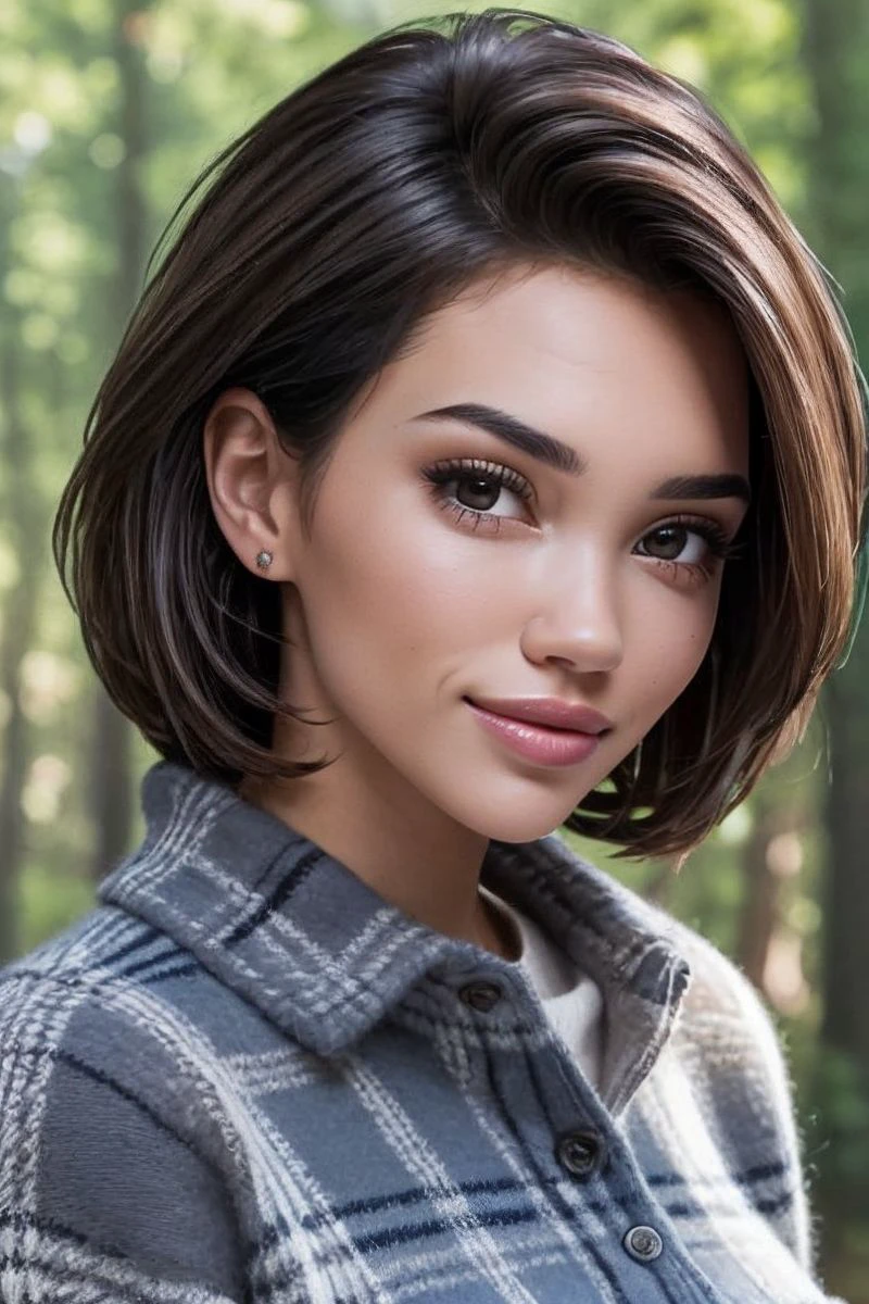 portrait of S317_AlinaLando,a gorgeous woman,in a (forest:1.1),wearing a (plaid-sweater-shirt:1.1),(4k, RAW photo, best quality, depth of field, ultra high res:1.1),(absurdres, intricate, photorealistic, masterpiece, ultra-detailed:1.1),