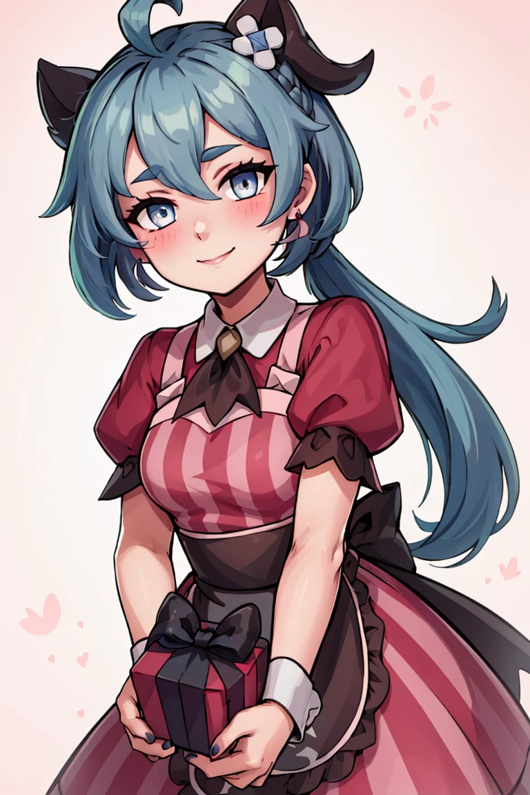 (masterpiece, best quality:1.2), solo,  beautiful eyes, <lora:Palentines_2022:0.6>,   smile, looking at viewer, 
<lora:ganyu_v1:0.7>, aaganyu, long hair, low ponytail, ahoge, blue hair, 
 blush, box, closed mouth, commentary request, creatures (company), dress, earrings, eyelashes, game freak, gift, gift box,  holding, holding gift, jewelry, looking at viewer, nail polish, nintendo, pink dress, red shirt, shirt, short sleeves, waist apron, wrist cuffs
